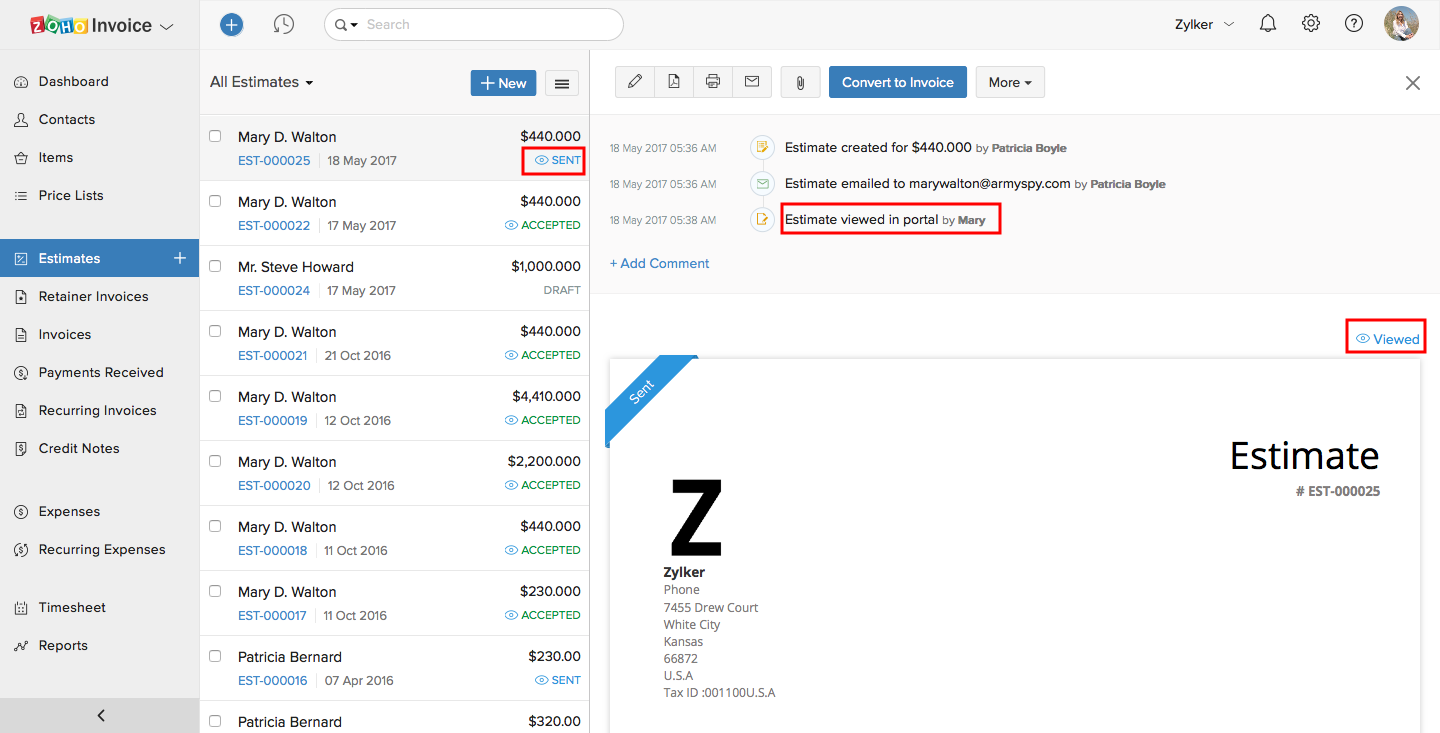 How do I check if my customer has viewed the estimate