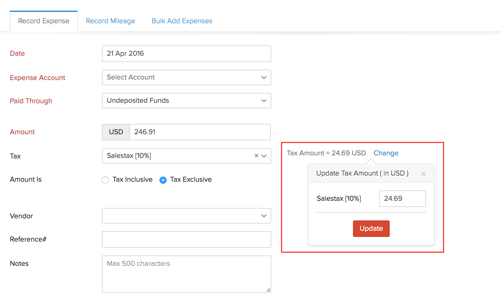 How do I manually change the tax amount for an expense