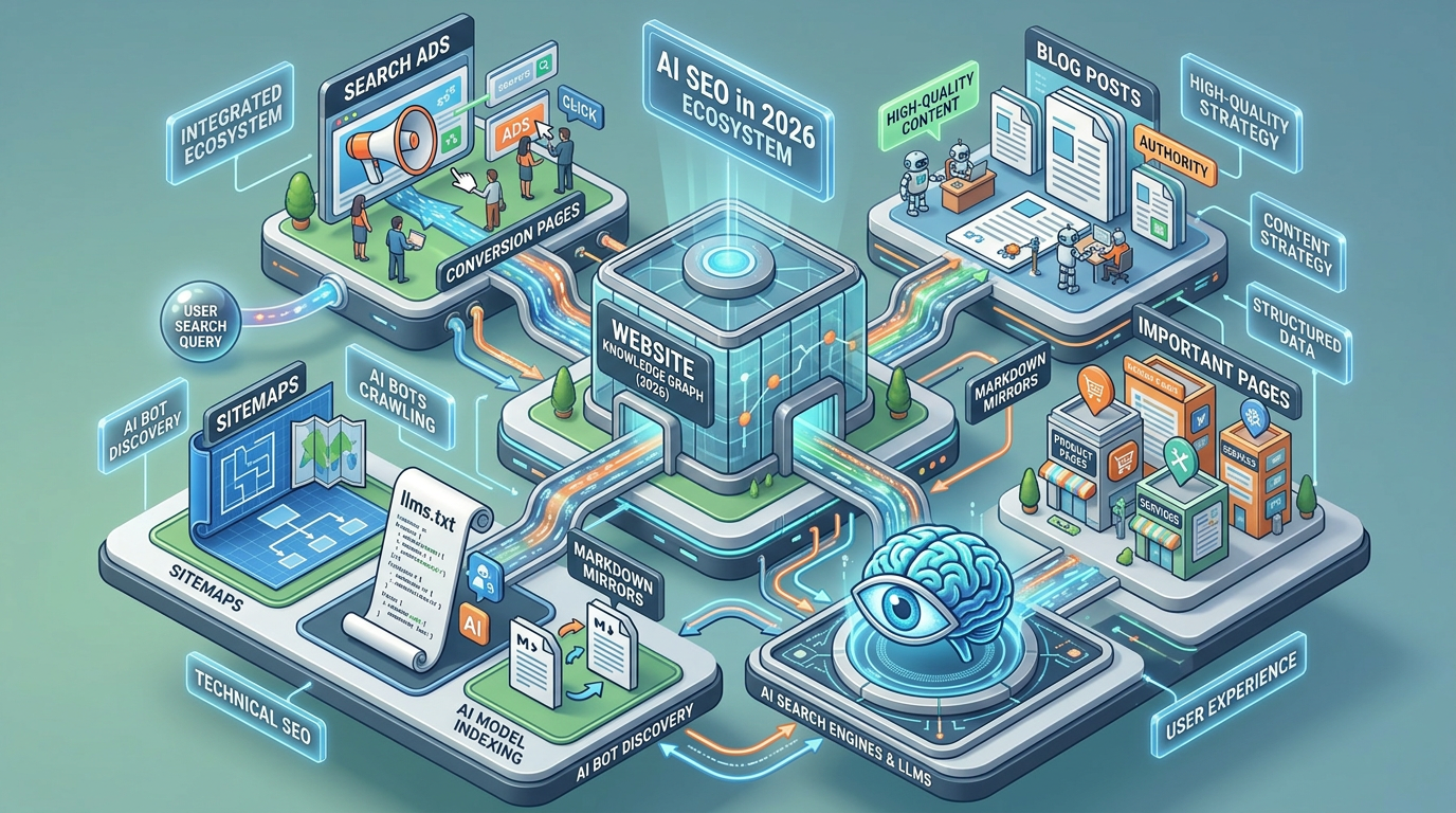 AI SEO in 2026: How Ads, Blog Posts, Important Pages, Sitemaps, llms.txt and Markdown Mirrors Work Together